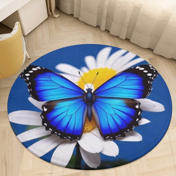 Blue Butterfly Daisy Print Round Area Rugs for Bedroom Living Room, 4FT Soft Indoor Circle Carpets, Carpet Home Decor Floor Mat
