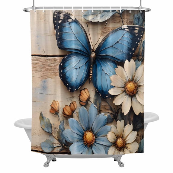 Blue Butterfly Daisy Shower Curtain for Bathroom, Spring White Floral ...