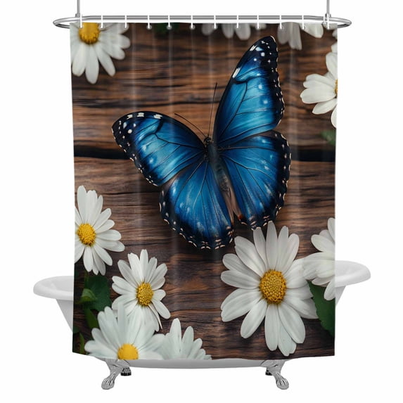 Blue Butterfly Daisy Shower Curtain for Bathroom, Spring White Floral Flower Plant Wood Grain Waterproof Cloth Fabric Bathroom Accessories Set with 12 Rust Proof Plastic Hooks, 66"x72"
