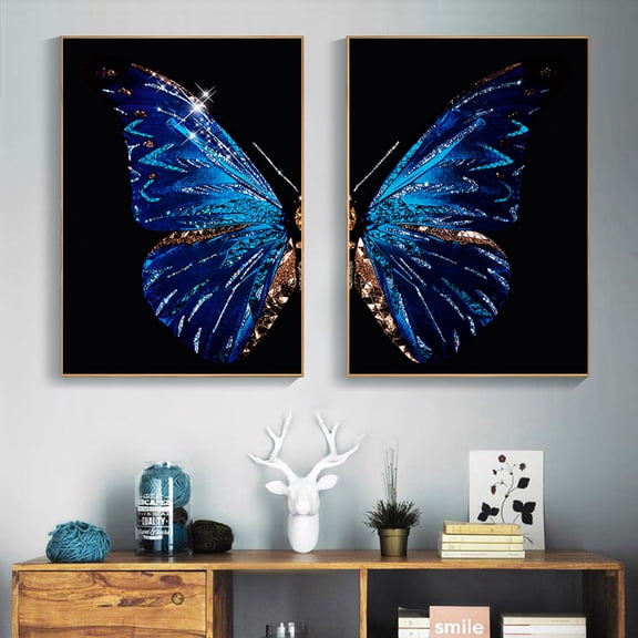 Blue Butterfly Decorative Painting Black Art Insect Canvas 2pcs Frameless Decorative Painting