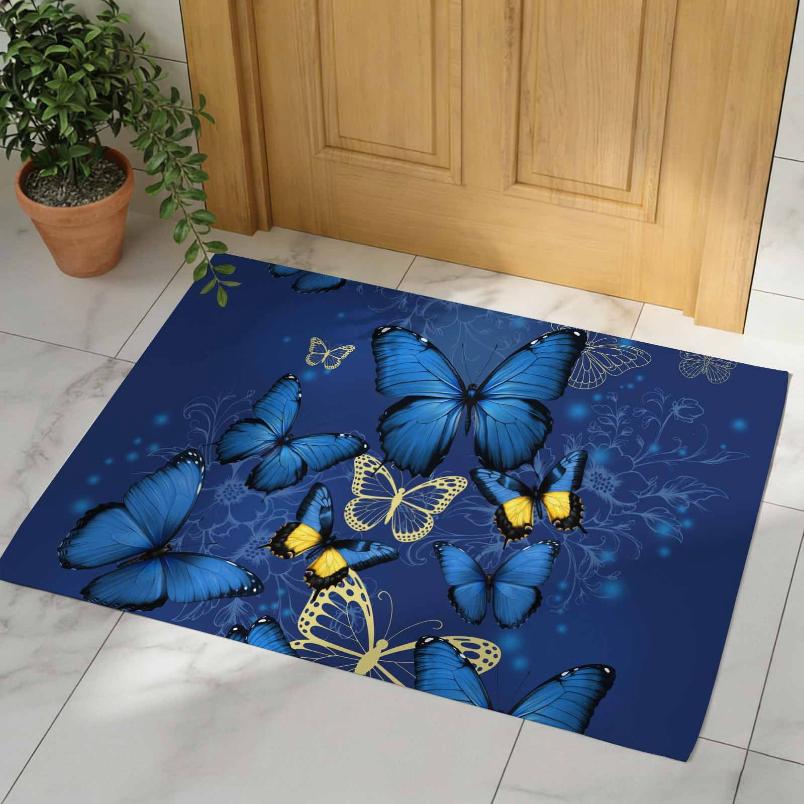 Blue Butterfly Door Mat, Non Slip Bathroom Rugs, Farmhouse Modern