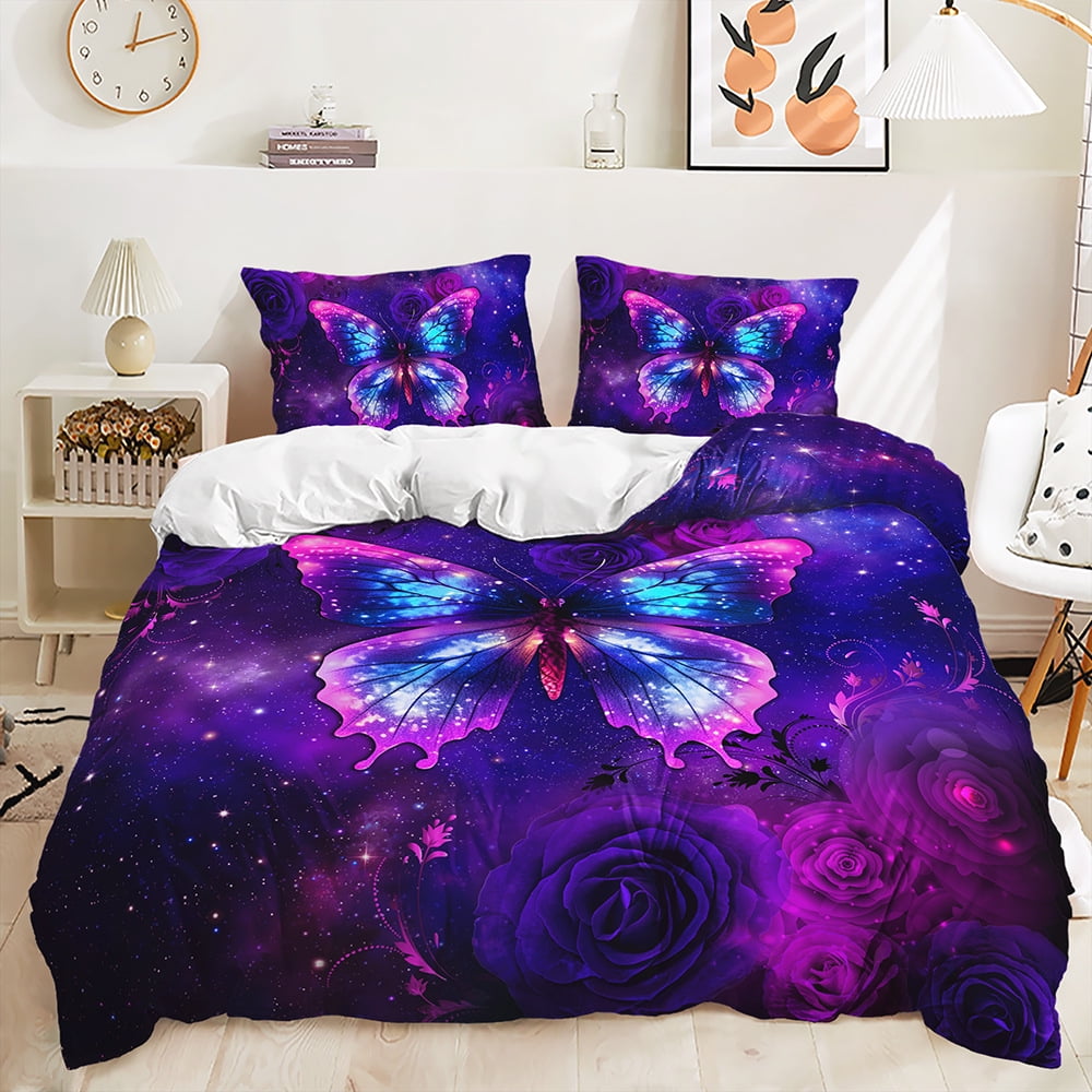 Blue Butterfly Duvet Cover Colorful Floral Duvet Cover Queen Size 3d Butterflies Printed Pattern