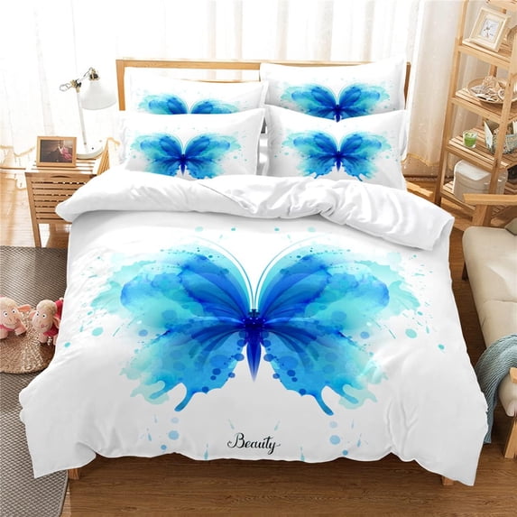 Blue Butterfly Duvet Cover Set Lovers Bedding Girl 3-Piece Fashion Design Youth Duvet Cover Soft and Easy to Clean Quilt Cover Bedding Set