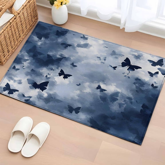 Blue Butterfly Entryway Rug 2'x3' Foggy Navy Blue Butterfly Silhouette Small Area Rug Non-Slip Front Door Mat Washable Floor Carpet for Indoor Entrance Kitchen Bathroom