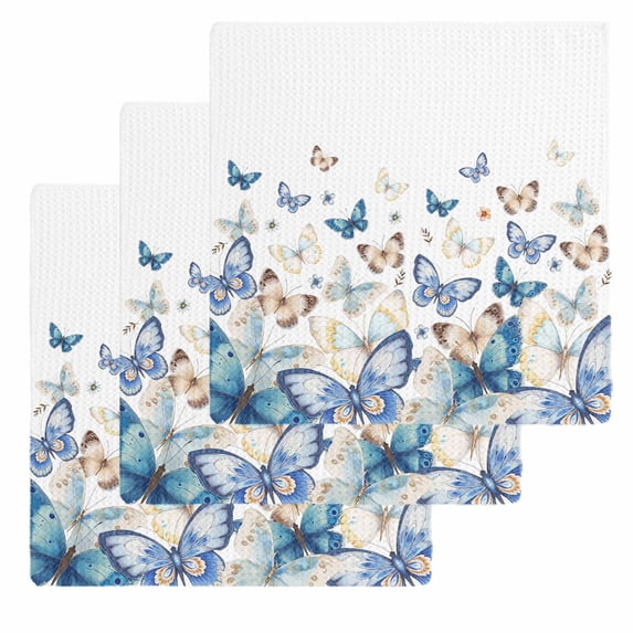 Blue Butterfly Farmhouse Dish Towels Set, Waffle Weave Kitchen Towels 3 Pieces, Spring Pastoral Butterflies Microfiber Hair Face Bath Tea Towel Absorbent Quick Drying Cleaning Dish Cloths, 12"x12"