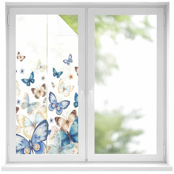 Blue Butterfly Farmhouse Window Privacy Film, Spring Pastoral Butterflies Static Cling UV Sun Blocking Heat Control Window Tint Day and Night, Non-Adhesive One Way Windows Privacy Cover 17.7''x39.3''