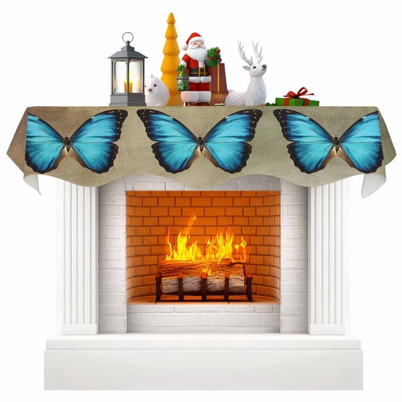 Blue Butterfly Fireplace Mantel Scarf Table Runner, Vintage Animal Painting Aesthetic Artistic Winter Garland Mantel Top Tablerunners Dresser Scarves Cover Decorations for Party Living Room 60"x17"