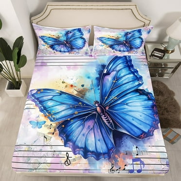 Blue Butterfly Fitted Sheet for Girls Boys Romantic Themed Bed Sheets Twin Music Note Print Bed Set Kids Teens Colorful Marble Tie-Dye Decor Bedding Set Watercolor Butterfly Bedding