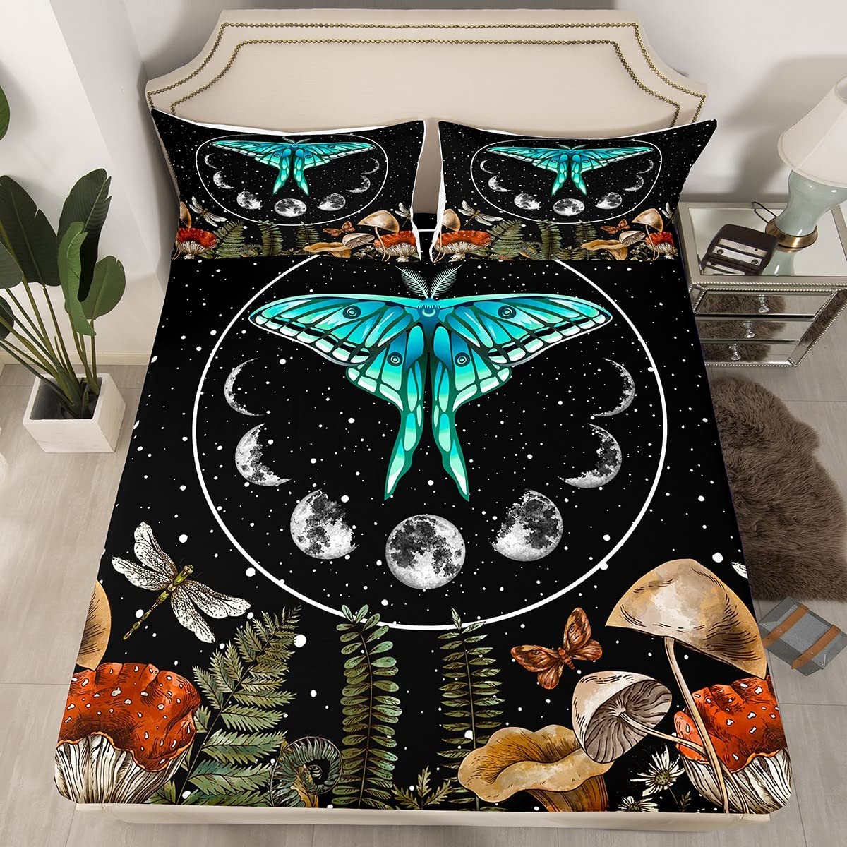 Blue Butterfly Fitted Sheet Set Twin Dragonfly Moth Mushroom Bed Sheets