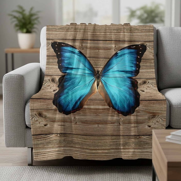 Blue Butterfly Fleece Throw Blanket Vintage Brown Wood Grain Retro Bug Ultra Soft Fuzzy Cozy Flannel Throw Blanket for Couch Sofa Bed Car Travel, Ideal Gifts 30x40 Inches