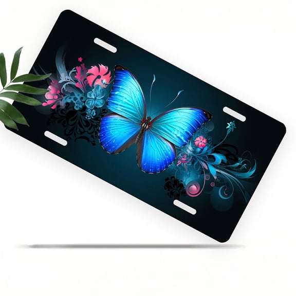 Blue Butterfly with Floral Accents Front License Plate, Metal License Plate, Funny Standard Plates Personalized Novelty Decorative For Men/Women/Boys/Girls Car 6×12 Inch
