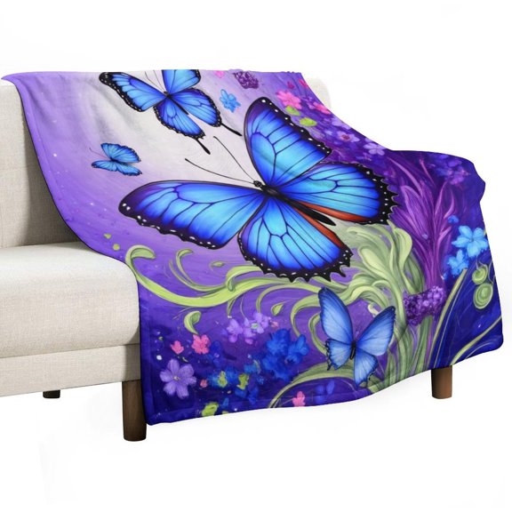 Blue Butterfly Floral Garden Blanket Soft Cozy Flannel Blanket for man women