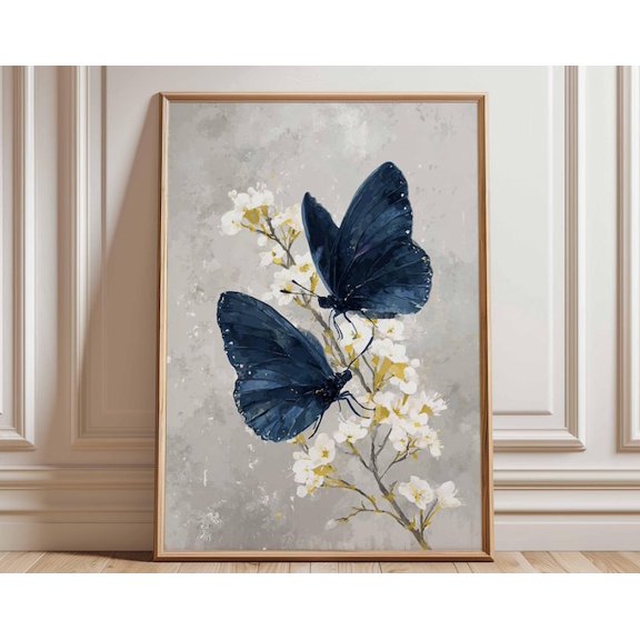 Blue Butterfly Floral Insect Wall Art Print, Unframed Paper Poster 8x10in
