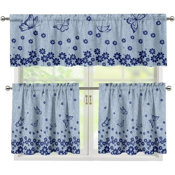Blue Butterfly Floral Kitchen Curtains Valance Set of 3,Flower 24 Inch Length Tier Curtains Cafe Bar Window Curtains, Rod Pocket,Easy to Install