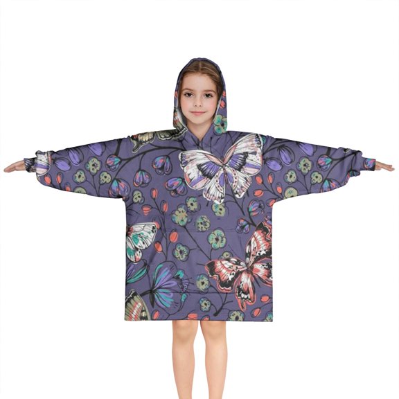 Blue Butterfly Floral Leaf Purple Pattern Blanket Hoodies for Kids 6-13YR Oversize Wearable Blanket Hoodies for Boys Girls Teens