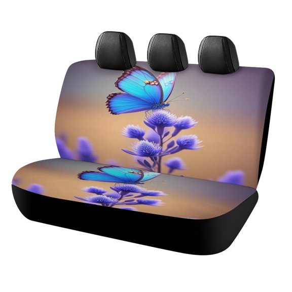 Blue Butterfly Floral Print Car Rear Seat Covers Back Elastic Flexible Car Seat Covers Decorative Fits Most Cars, SUVs, Trucks And Vans
