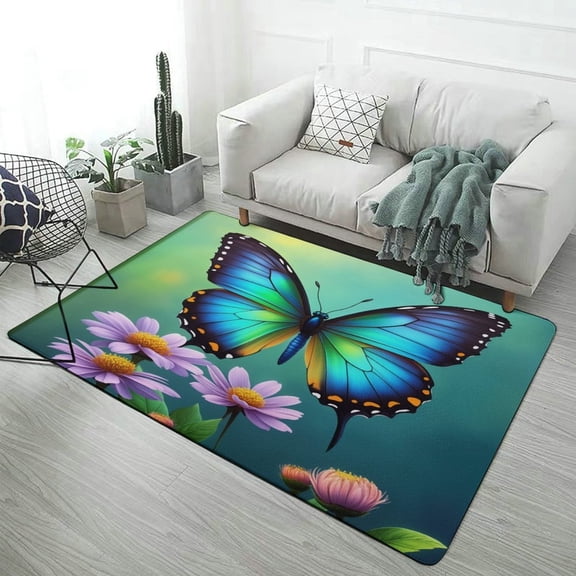 Blue Butterfly Floral Print Carpet Soft Comfy Rug for Home Living Room Bedroom Area Rug Non-slip Doormat Decor