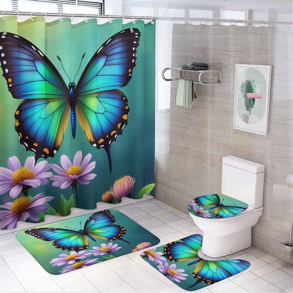 Blue Butterfly Floral Print Shower Curtain Waterproof Bathroom Curtain Set 4pcs with Hooks Rugs Mat Bathroom Curtains Home Decor