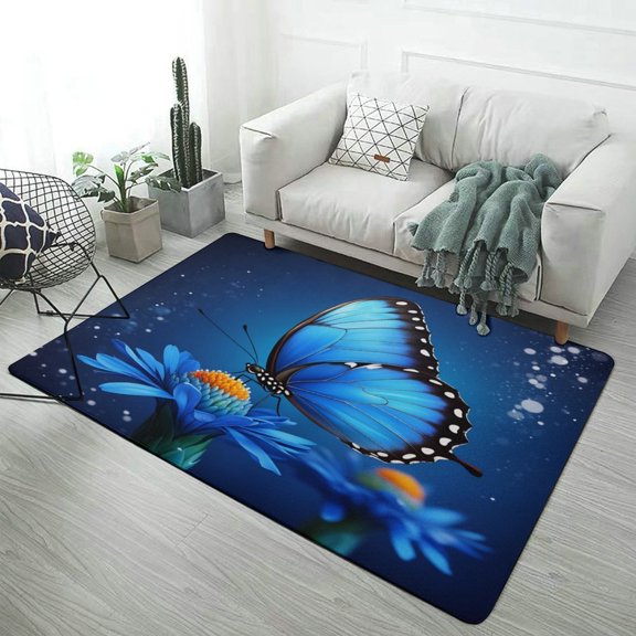 Blue Butterfly Floral Print Soft Comfy Area Rugs Carpet Suitable Flannel for Living Room Kitchen Bedroom Laundry Room Home Decorations