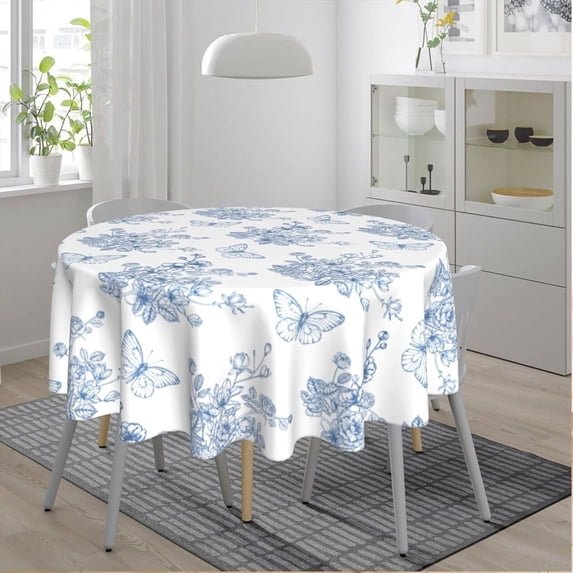 Blue Butterfly Floral Round Tablecloth 60 Inch, Decorative Holiday Home Party Table Cloth for Kitchen Dining Picnic Table Cover