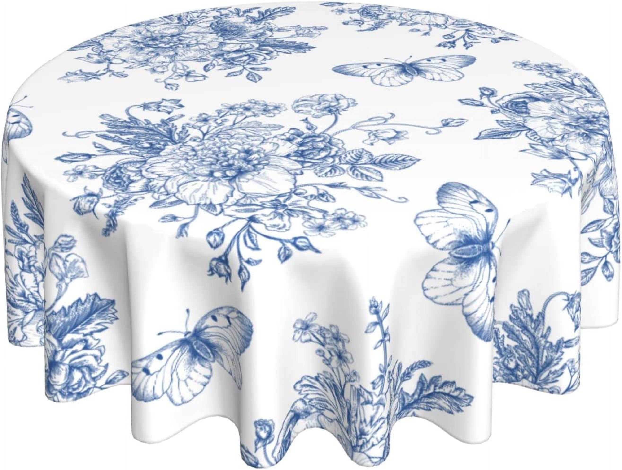 Blue Butterfly Floral Round Tablecloth 60 Inch, Farmhouse Rustic Round