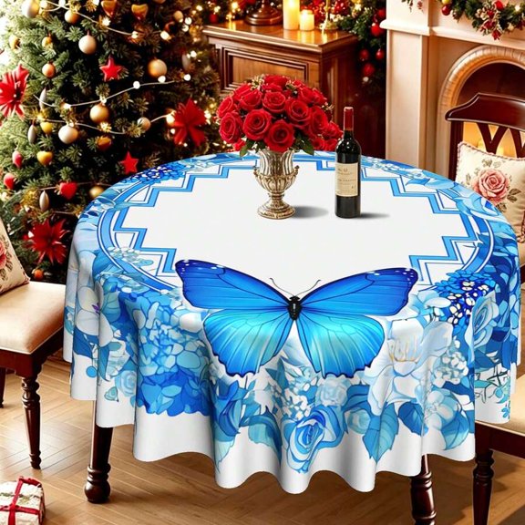 Blue Butterfly Floral Round Tablecloth YX - Wreath-Style, Lightweight, Machine Washable