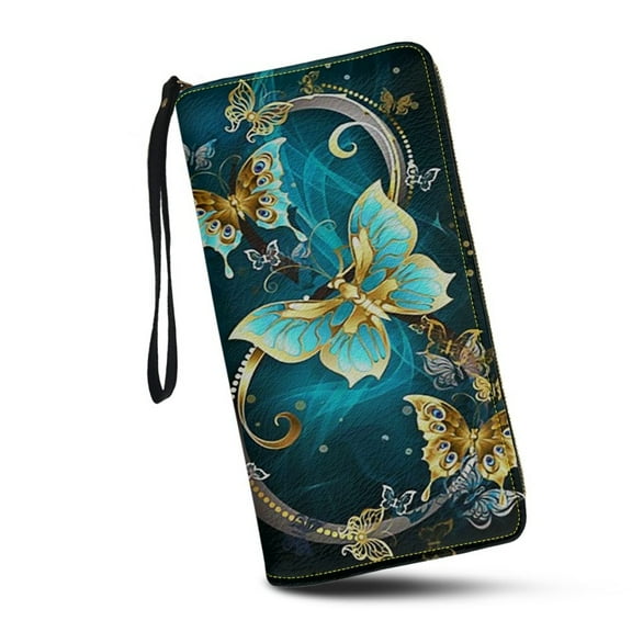 Blue Butterfly Floral Wallet for Women RFID Blocking PU Leather Zipper Around Wallets Clutch Wristlet Travel Long Purse