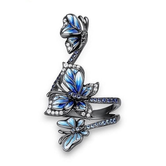 Blue Butterfly Flower Black Gold Drop Oil Ring