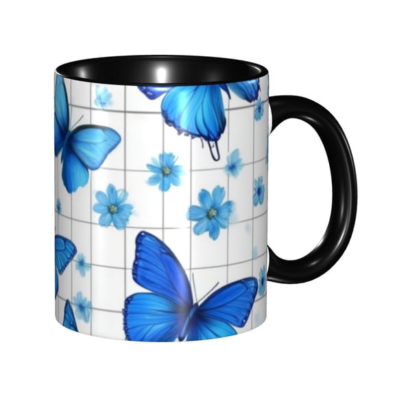 Blue Butterfly Flower Coffee Mug Fun Custom Ceramic Mugs 11oz Black