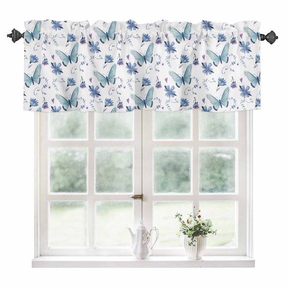 Blue Butterfly Flower Kitchen Valances for Windows 42x12 Inch Kitchen Curtains Valances Rod Pocket Botanical Watercolor Floral Leaf Bathroom Window Valances for Window Treatment Decor