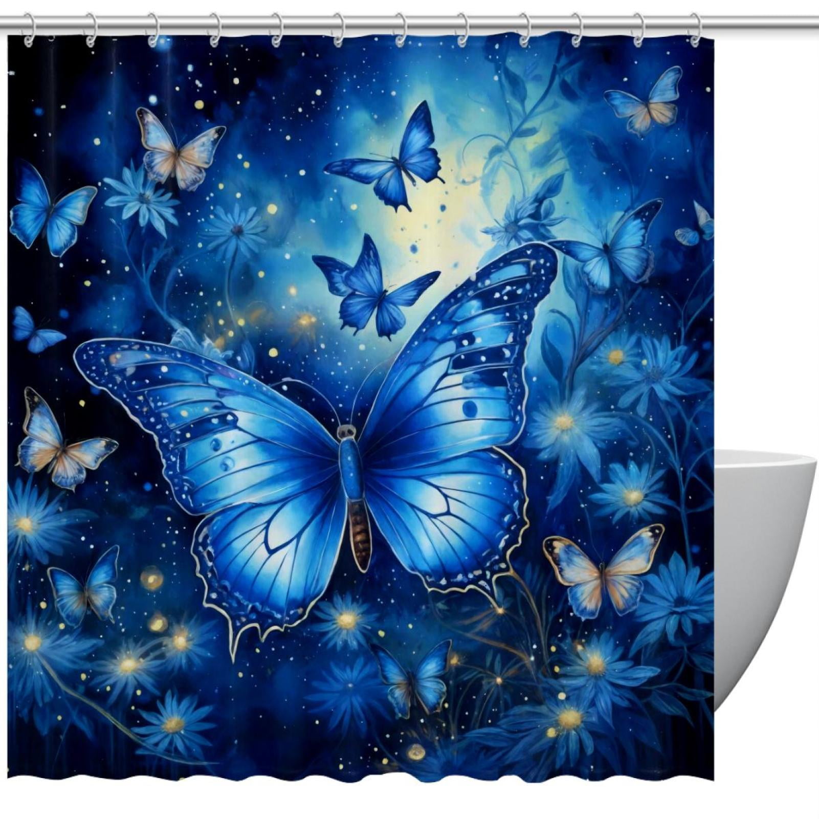 Blue Butterfly Flower Shower Curtain with Hooks, Polyester Fabric