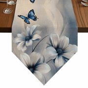 Blue Butterfly Flower Table Runner for Dining Room, Country Farmhouse White Floral Blue Butterfly Linen Cotton Linen Dining Table Runner Tablecloth Dresser Scarves for Kitchen Cafe 13x70 Inches Long