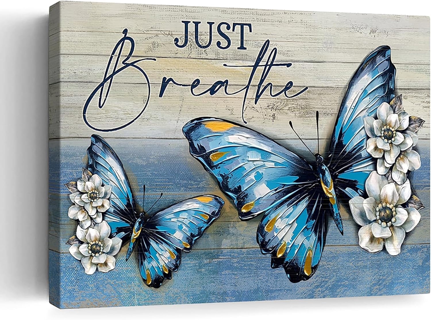 Blue Butterfly Flower Wall Art Bathroom Just Breathe Pictures Wall Decor Canvas Painting Prints Home Decorations Framed for Bedroom Living Room 12X16 Inch