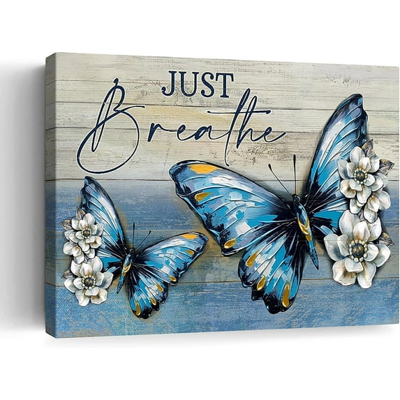 Blue Butterfly Flower Wall Art Bathroom Just Breathe Pictures Wall Decor Canvas Painting Prints Home Decorations Framed for Bedroom Living Room 12X16 Inch