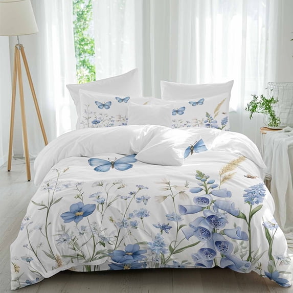 Blue Butterfly Flowers 4 Piece Duvet Cover Set Full Size Spring Floral ...