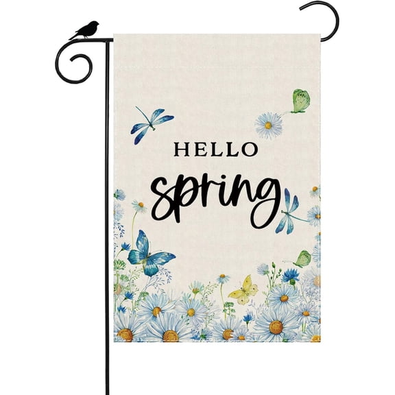 Blue Butterfly Flowers Hello Spring Garden Flag Small Burlap 12.5x18 Mini Vertical Double Sided Outside Yard Farmhouse Outdoor Flag