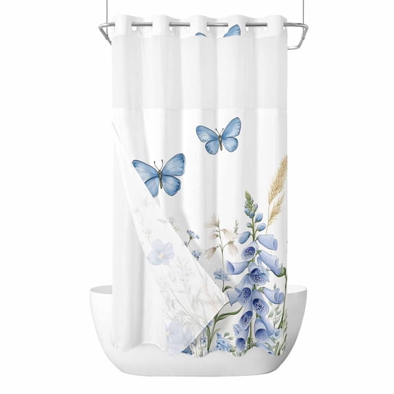 Blue Butterfly Flowers No Hooks Shower Curtain with Snap-in Liner Spring Floral Shower Curtains for Bathroom, Waterproof, Easy Install, Washable 36"x78"