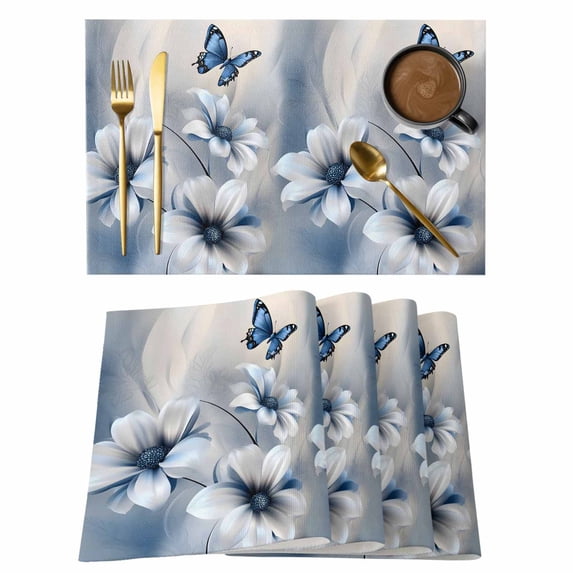 Blue Butterfly Flowers Placemats Set of 2, Country Farmhouse White Floral Blue Butterfly Non-Slip Place Mats Washable Table Mats for Kitchen Dining Table Decorations Indoor/Outdoor