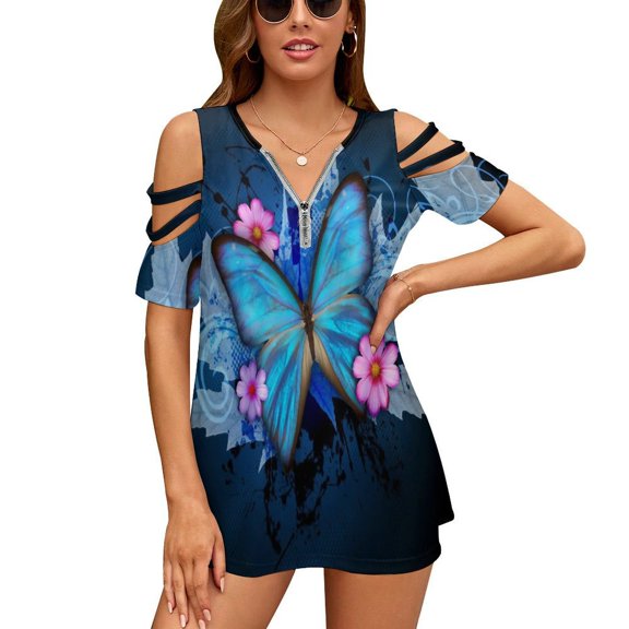Blue Butterfly Flowers Womens Summer V Neck Zipper Top Short Sleeve T Shirt Off Shoulder Top Casual Classy Loose Shirts