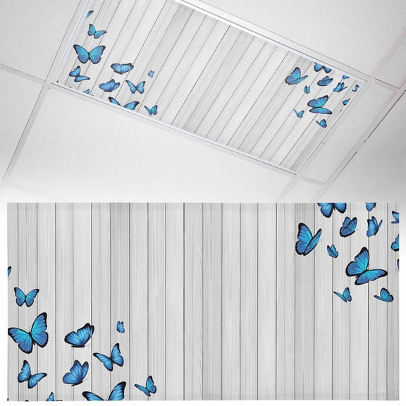 Blue Butterfly Fluorescent Light Covers Retro Farmhouse Vintage Wood Grain Magnetic Light Filters Ceiling Lighting Panel Shade for Classroom Office Home 2 x 4 ft, 1 Pack
