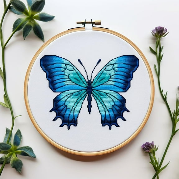 Blue Butterfly Framed DIY Stamped Cross Stitch Kits for Beginners Easy with Hoop 11CT Needlepoint Embroidery Counted Cross Stitch Kits Art Craft Wall Decoration 35x35cm(1)