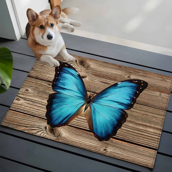 Blue Butterfly Front Door Rugs 2x3 ft Vintage Brown Wood Grain Retro Bug Small Rug for Entryway Non Slip Washable Bathroom Door Mat Absorbent Floor Mat for Indoor Entrance