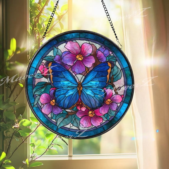 Blue Butterfly Glass Suncatcher, Round Window Hanging Panel, Pink Flowers, 3.5 in