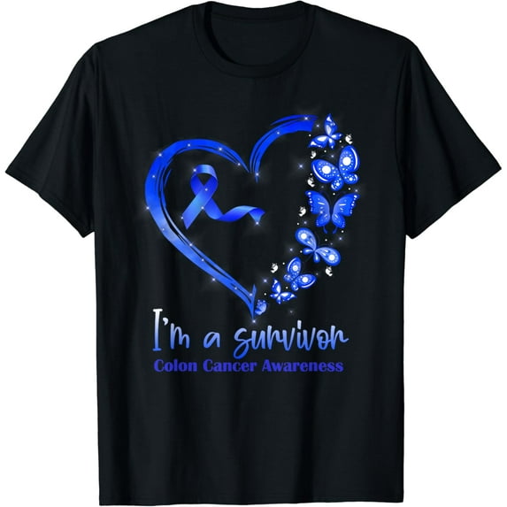 Blue Butterfly Heart I'm A Survivor Colon Cancer Awareness T-Shirt