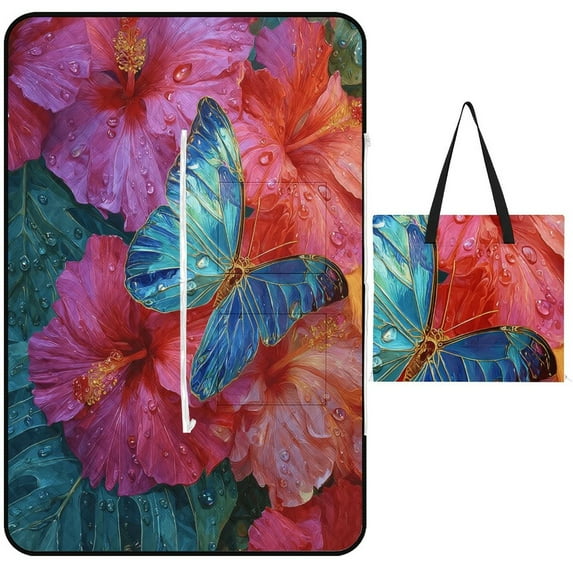Blue Butterfly Hibiscus Flowers Vibrant Nature Picnic Blanket Waterproof Outdoor Beach Blanket Hand-held Pad Suitable for Travel, Camping, Beach, Family Gatherings