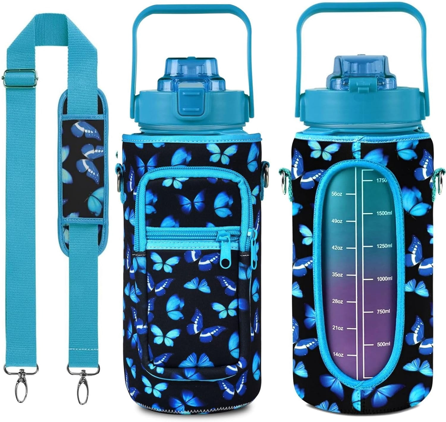 Blue Butterfly Hydro Jug Water Bottle with Sleeve and Straw - 64 Oz