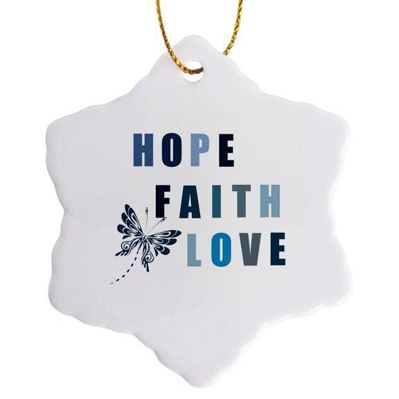 3drose, Blue Butterfly Inspirational Hope, Faith and Love, 3 inch Snowflake Porcelain Ornament