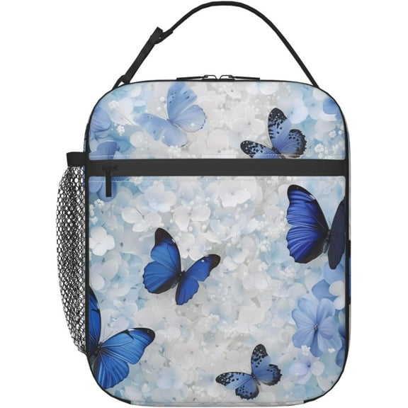 Blue Butterfly Insulated Lunch Box for Adult Lunch Box Floral Reusable Lunch Bag for Office Work Picnic Travel