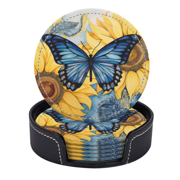 Blue Butterfly Is Resting On The Center Sunflower