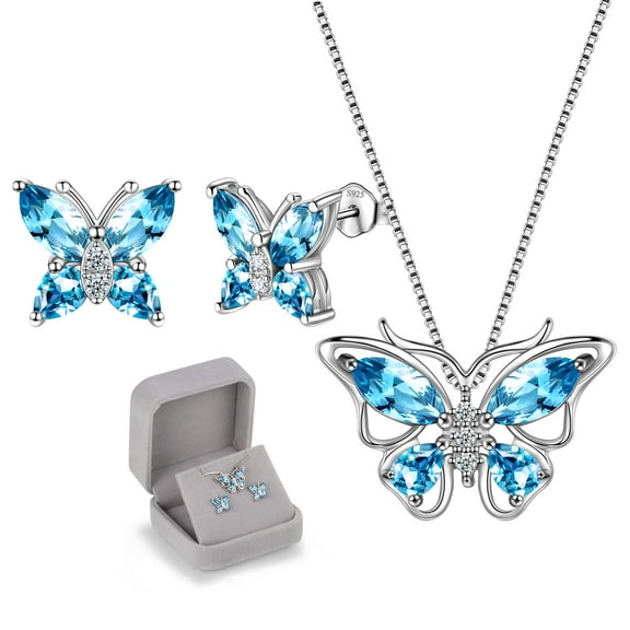 Blue Butterfly Jewelry Aquamarine March Birthstone Jewelry Set Fine Necklace/Earrings Sterling Silver Women Birthday Mother's Day Gifts